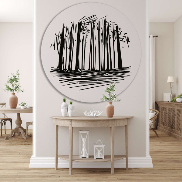 Minimalistische Zwart-witte Bomen Lijntekening aluminium muurcirkel