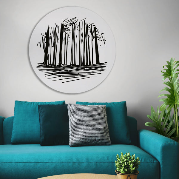 Minimalistische Zwart-witte Bomen Lijntekening aluminium muurcirkel