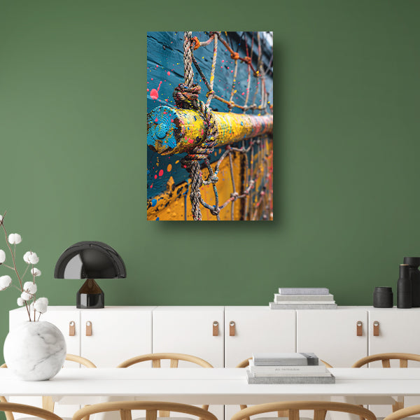 Kleurrijk touw met verfspatten canvas met baklijst