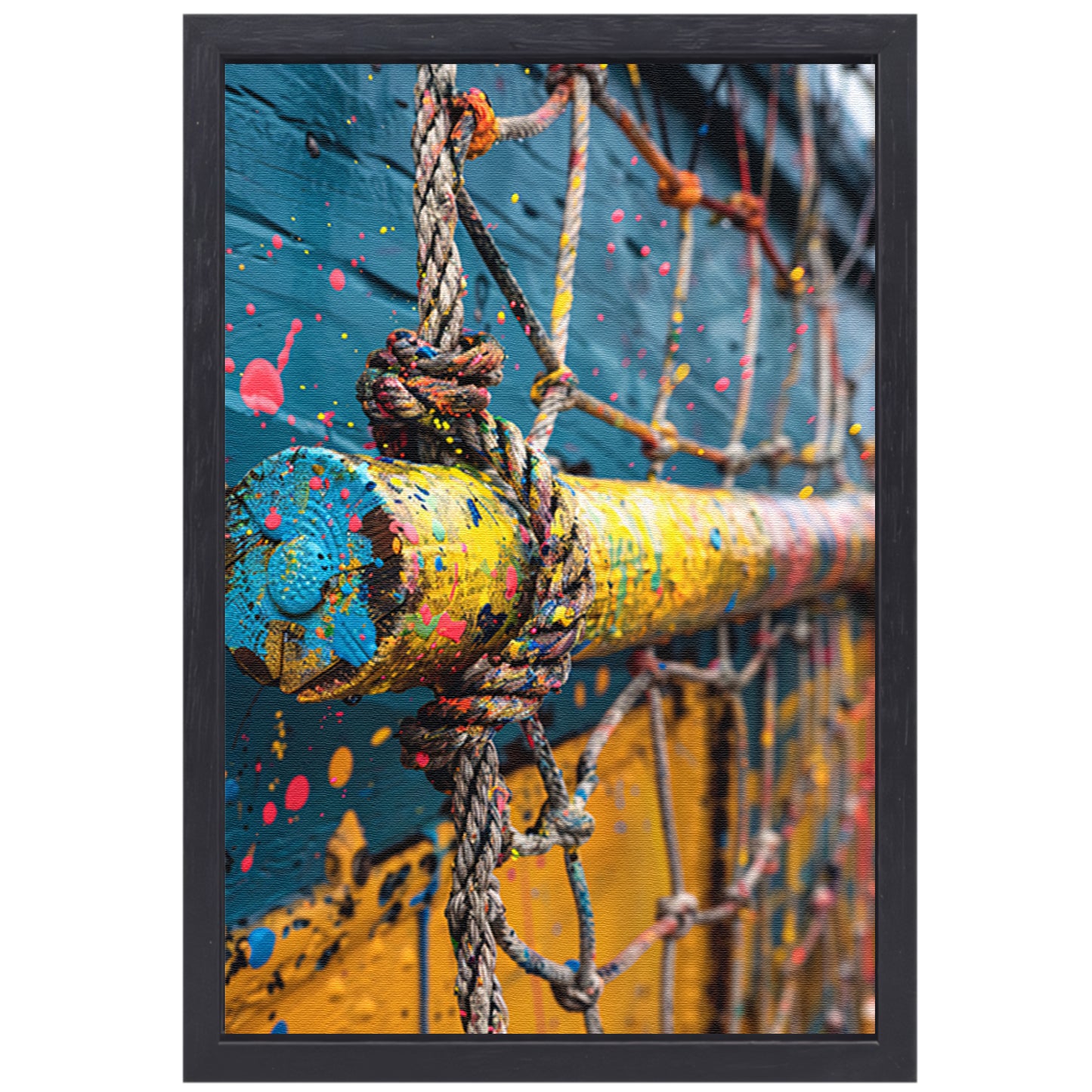 Kleurrijk touw met verfspatten canvas met baklijst