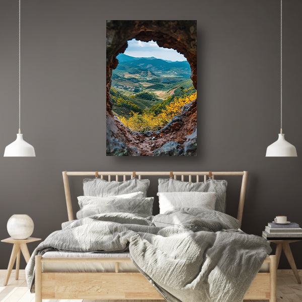 Uitkijk op een Berglandschap door een Stenen Venster poster