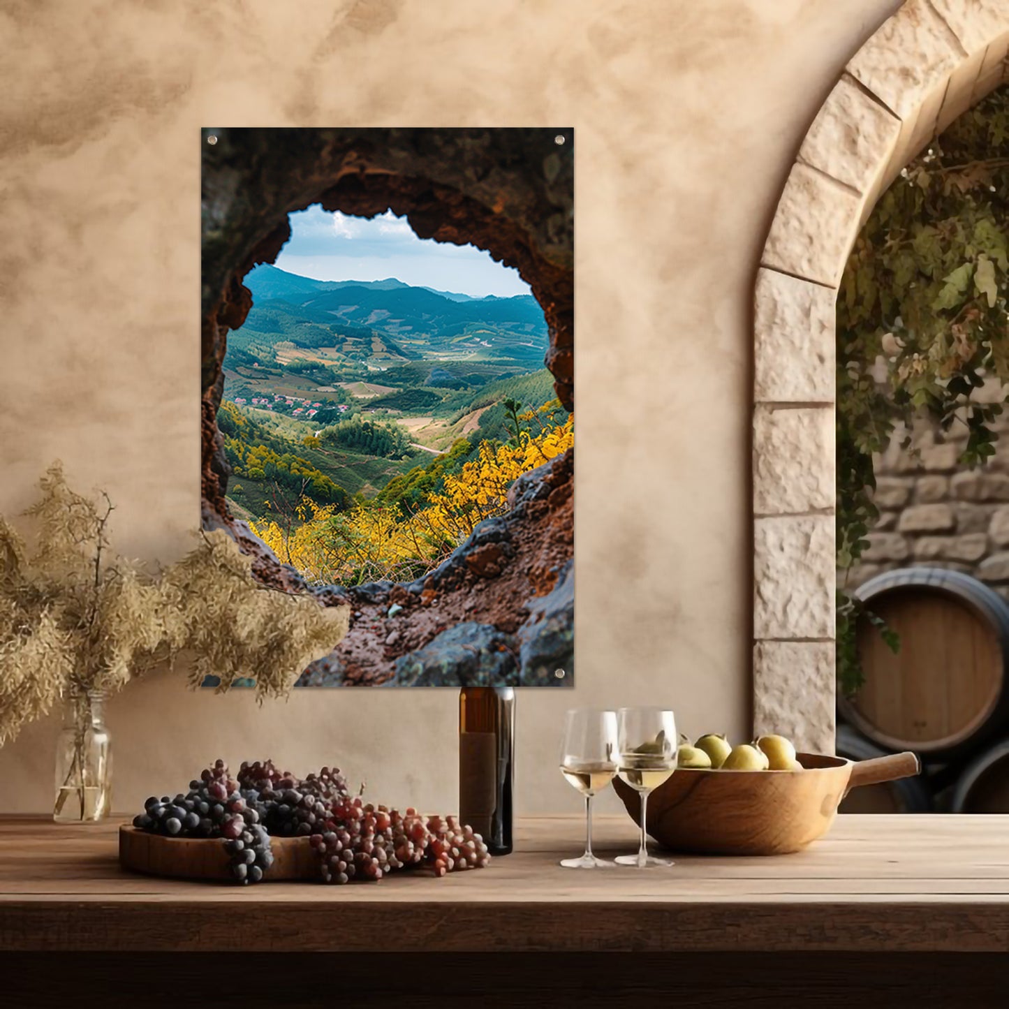 Uitkijk op een Berglandschap door een Stenen Venster tuinposter