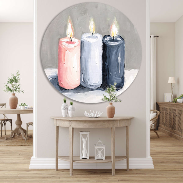 Aquarel schilderij van drie brandende kaarsen aluminium muurcirkel