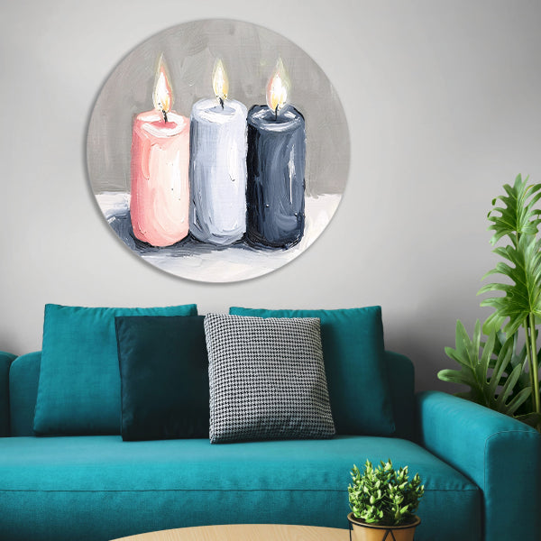 Aquarel schilderij van drie brandende kaarsen aluminium muurcirkel