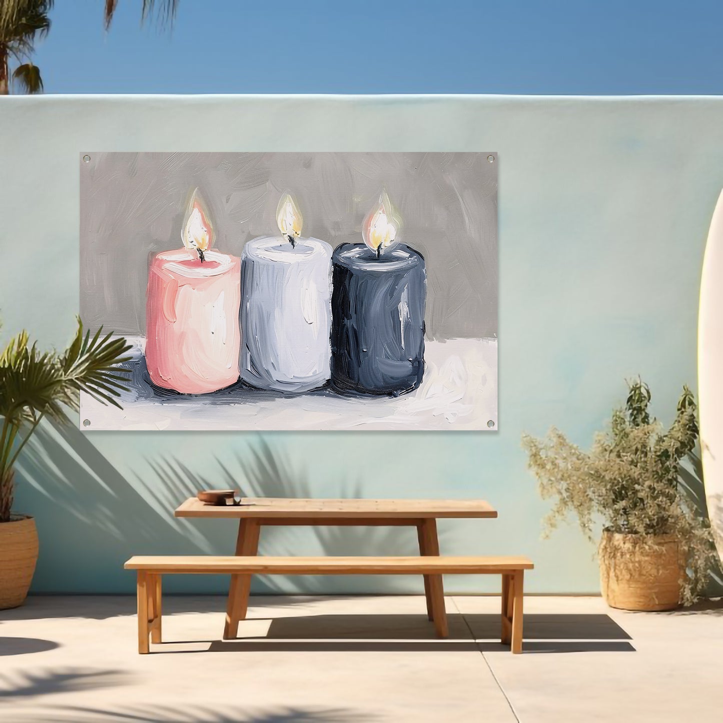 Aquarel schilderij van drie brandende kaarsen tuinposter