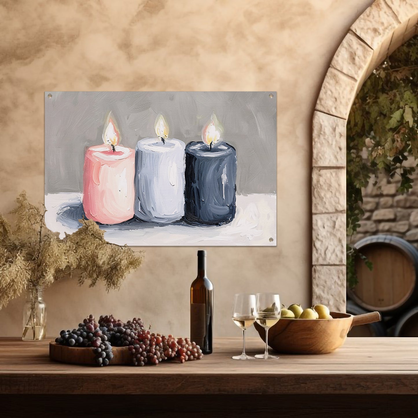 Aquarel schilderij van drie brandende kaarsen tuinposter