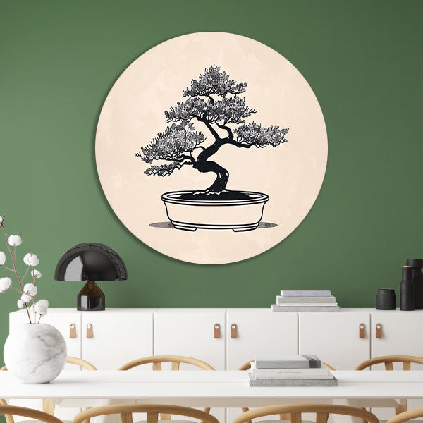 Minimalistische Bonsai Kunst in Zwart-Wit forex muurcirkel