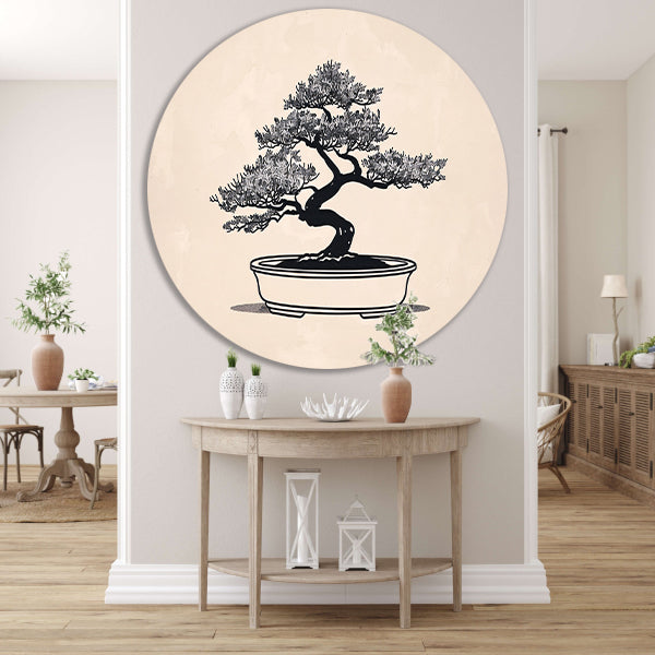 Minimalistische Bonsai Kunst in Zwart-Wit forex muurcirkel