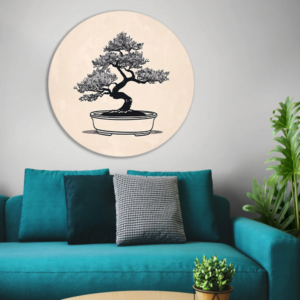 Minimalistische Bonsai Kunst in Zwart-Wit forex muurcirkel