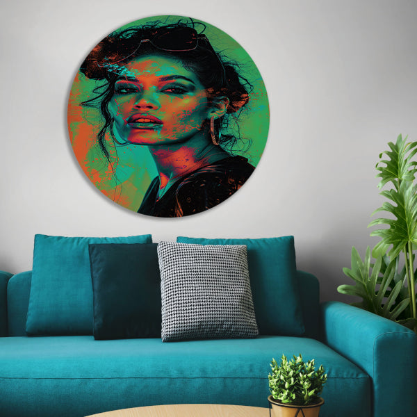 Kleurrijk en dynamisch digitaal portret van vrouw aluminium muurcirkel