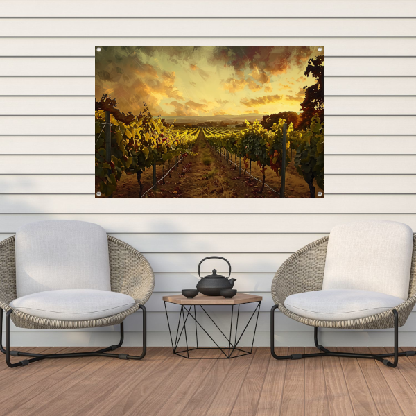 Herfstzon gloeit over golvende wijngaard tuinposter