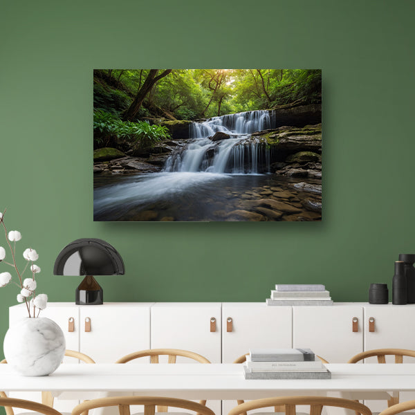 Serene waterval in weelderig groen bos poster