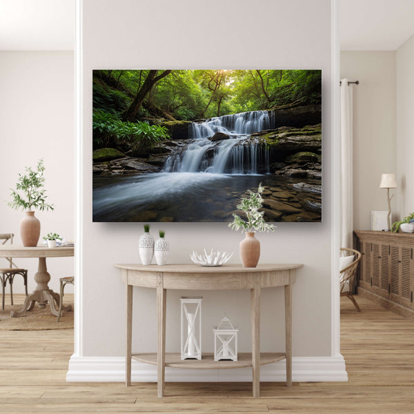 Serene waterval in weelderig groen bos poster