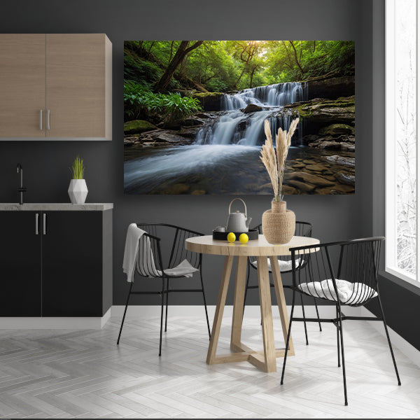 Serene waterval in weelderig groen bos poster