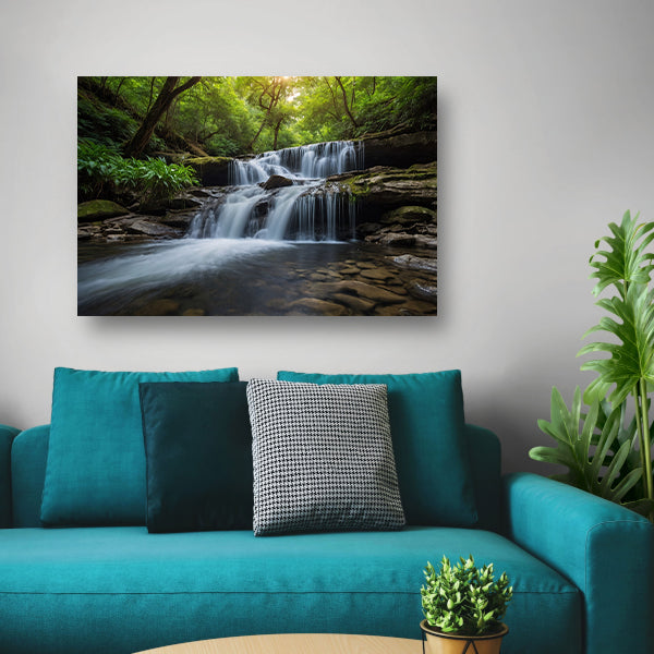 Serene waterval in weelderig groen bos poster