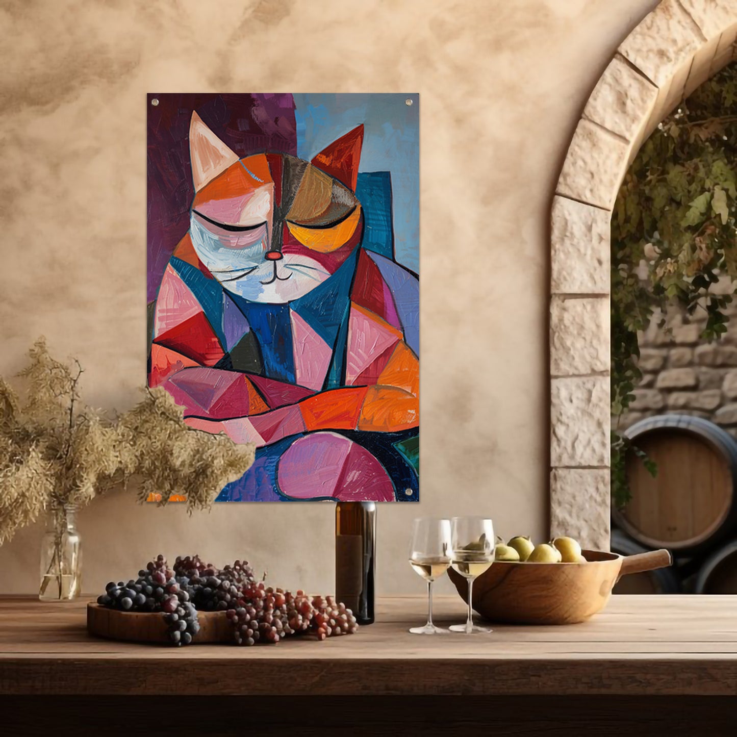 Kubistische Kat in Warme Kleuren tuinposter