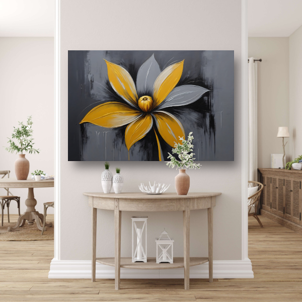 Abstracte Gouden Bloesem op Grijs Canvas canvas met baklijst