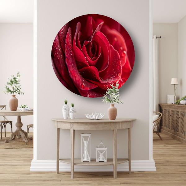 Rode roos met dauwdruppels close-up aluminium muurcirkel