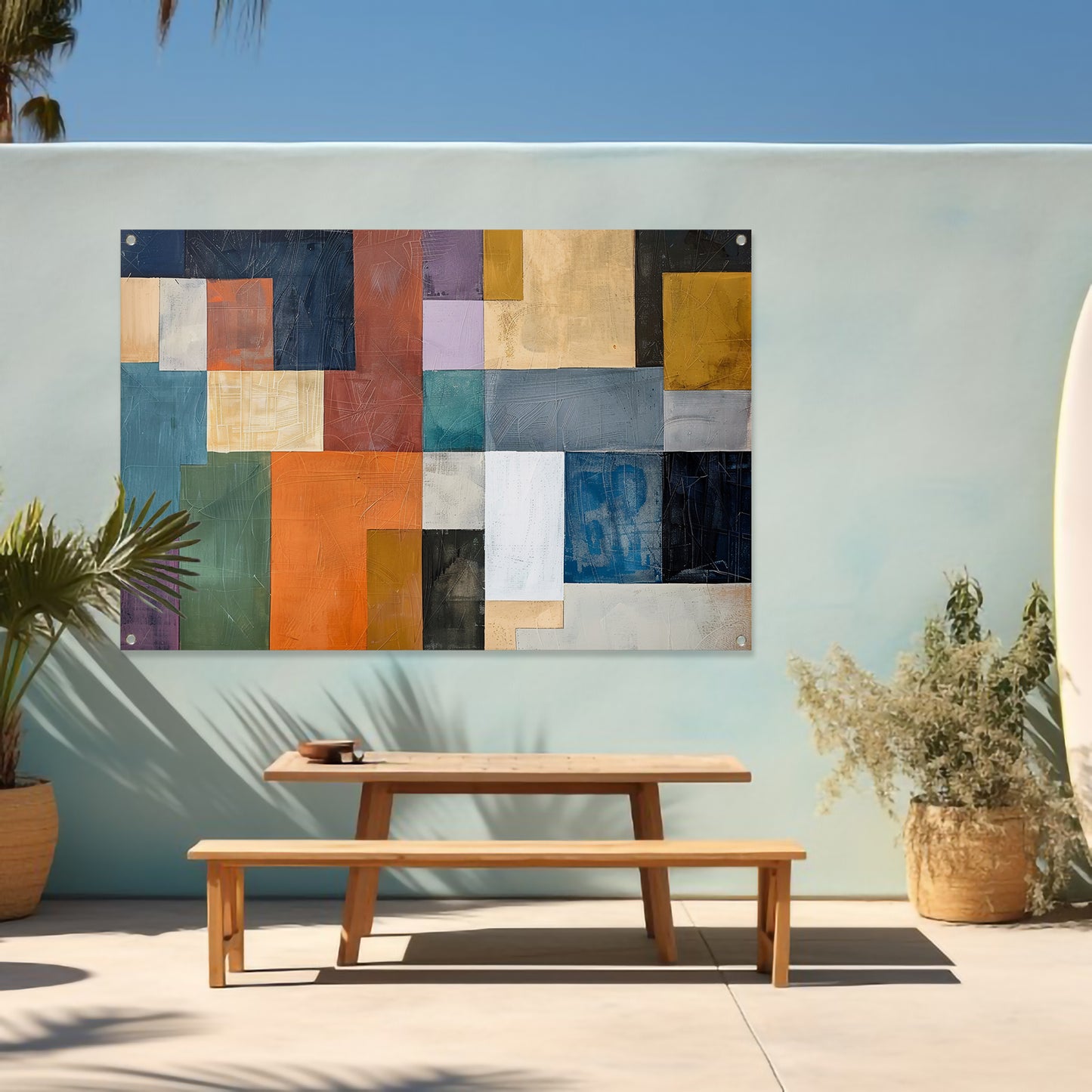 Kleurrijke abstracte vlakken met lijnen tuinposter