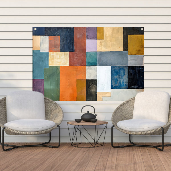 Kleurrijke abstracte vlakken met lijnen tuinposter