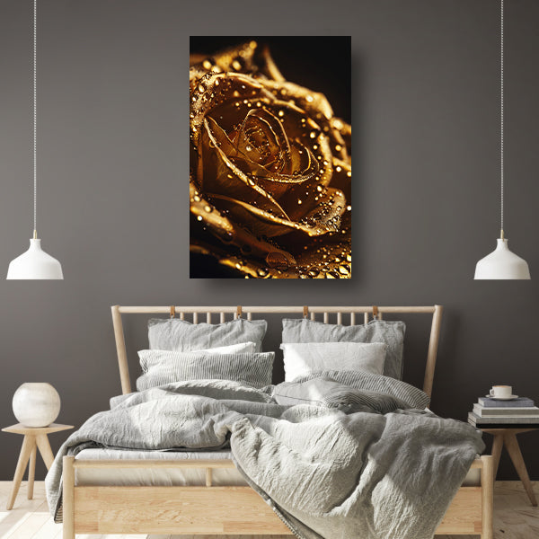 Gouden roos met glinsterende dauwdruppels close-up poster