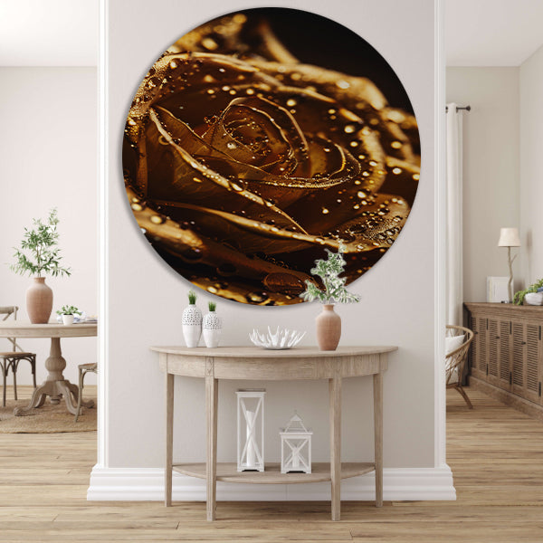 Gouden roos met glinsterende dauwdruppels close-up aluminium muurcirkel