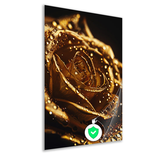 Gouden roos met glinsterende dauwdruppels close-up poster