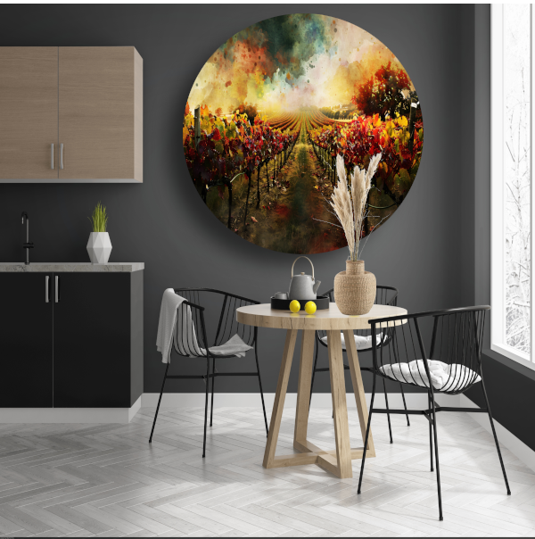 Herfstzonsondergang in levendige wijngaard aluminium muurcirkel