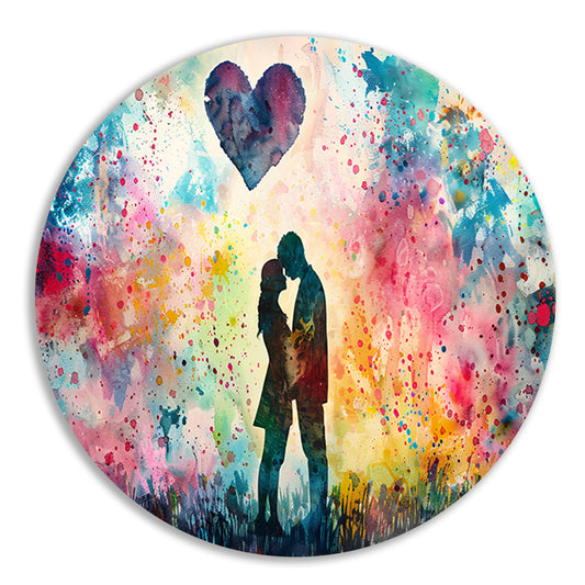 Liefde omhuld in abstracte kleuren aluminium muurcirkel