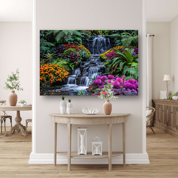 Weelderige waterval omgeven door kleurrijke bloemenpracht canvas