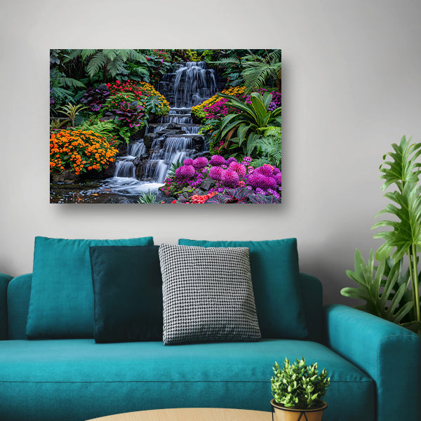 Weelderige waterval omgeven door kleurrijke bloemenpracht canvas