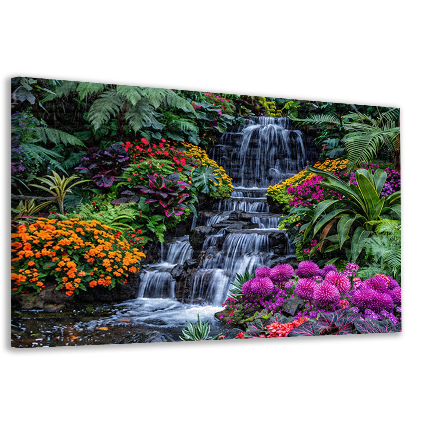 Weelderige waterval omgeven door kleurrijke bloemenpracht canvas