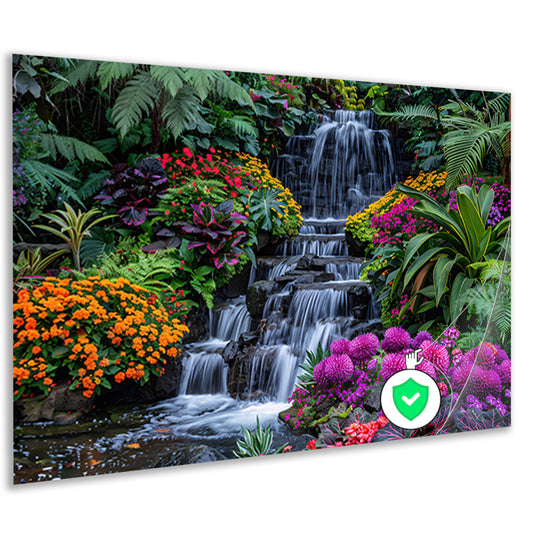 Weelderige waterval omgeven door kleurrijke bloemenpracht poster