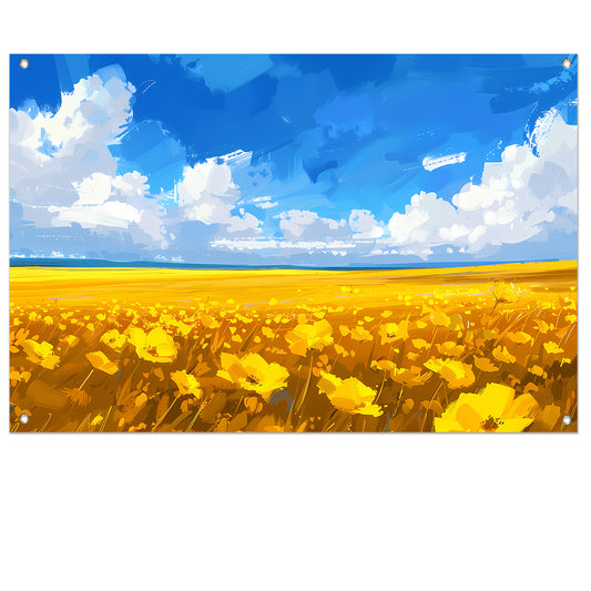 Schilderij van bloemenveld onder blauwe lucht tuinposter