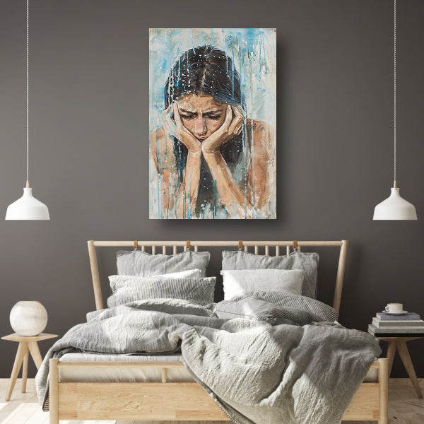 Emotionele vrouw geschilderd in aquarel canvas
