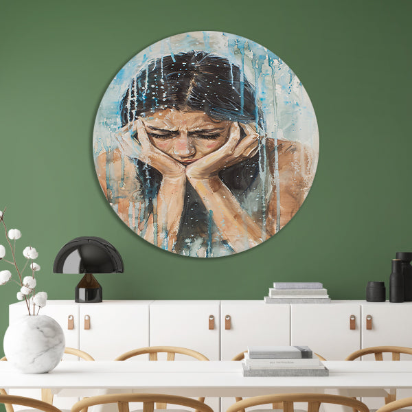 Emotionele vrouw geschilderd in aquarel aluminium muurcirkel