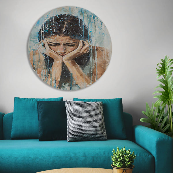 Emotionele vrouw geschilderd in aquarel aluminium muurcirkel
