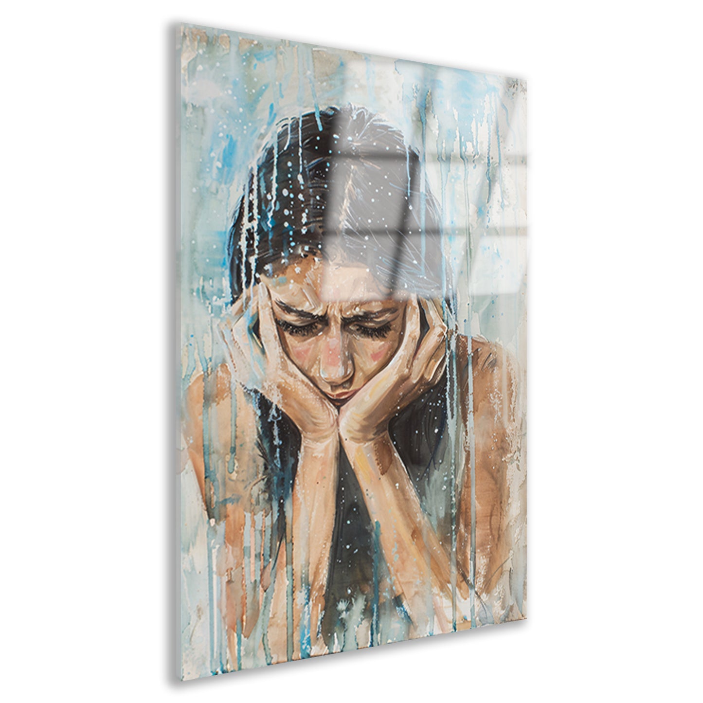 Emotionele vrouw geschilderd in aquarel acrylglas