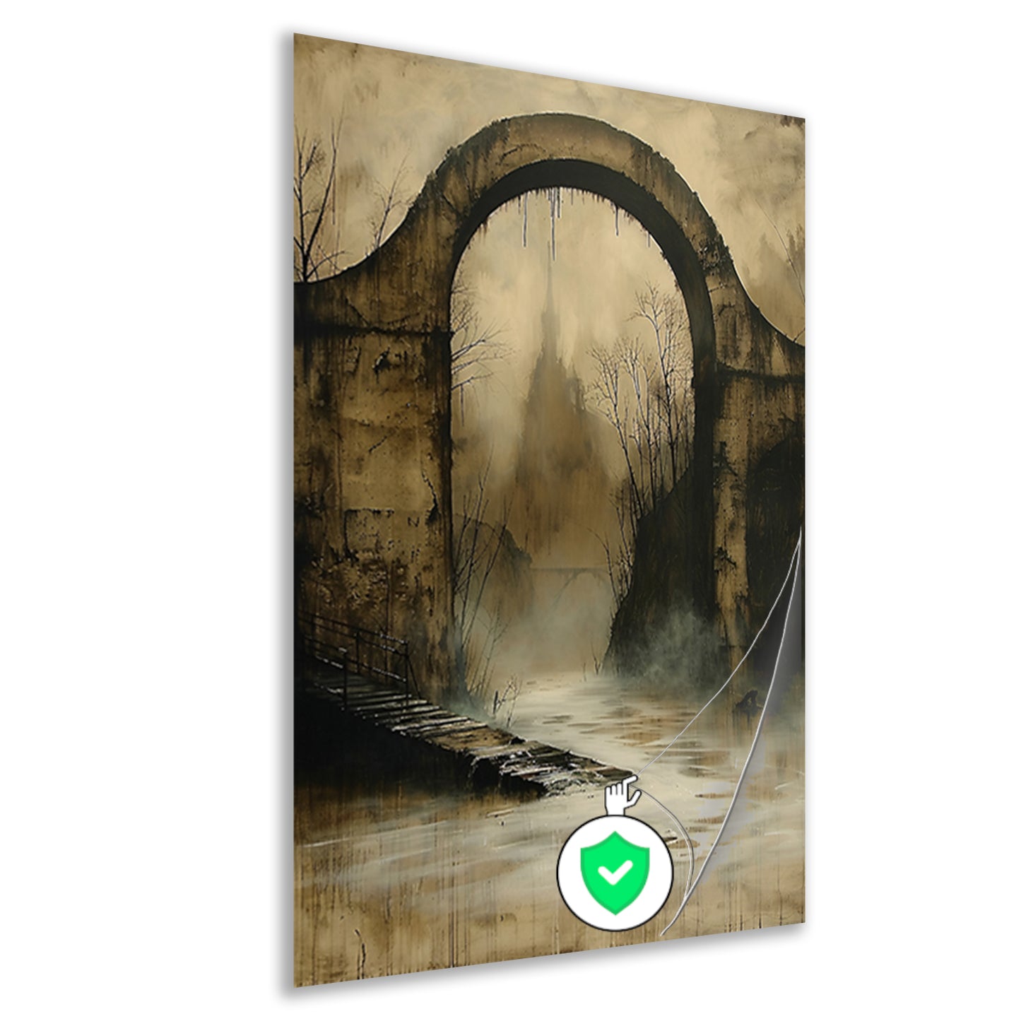 Mystiek verlaten landschap met oude brug poster