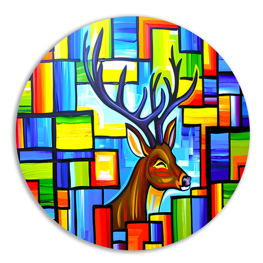Kleurrijk kubistisch schilderij van een hert aluminium muurcirkel