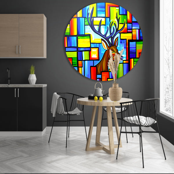Kleurrijk kubistisch schilderij van een hert aluminium muurcirkel