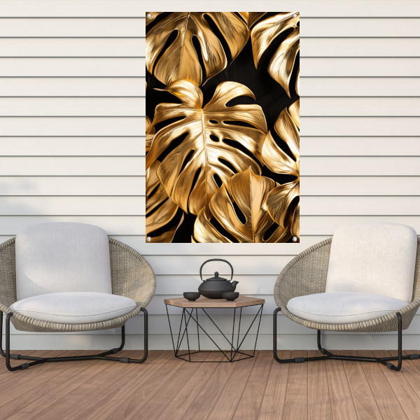 Gouden Monstera Bladeren op Zwart tuinposter