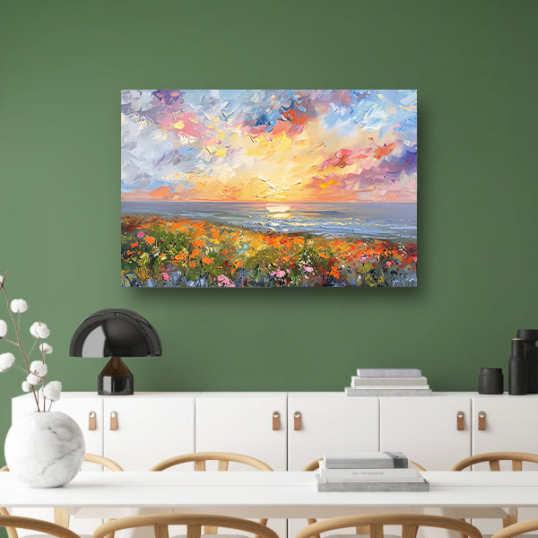 Abstracte zonsondergang met bloemen en oceaan poster