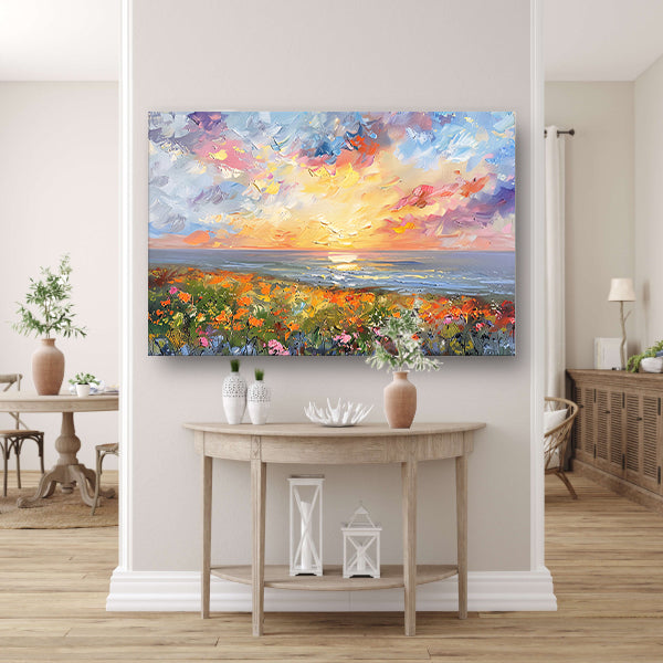 Abstracte zonsondergang met bloemen en oceaan poster