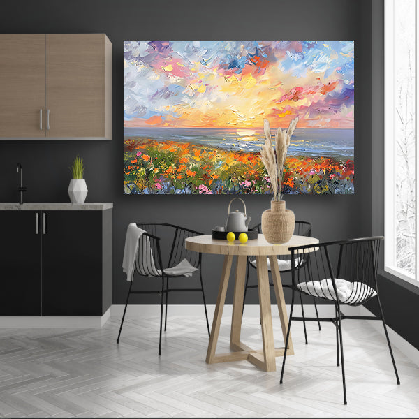 Abstracte zonsondergang met bloemen en oceaan poster