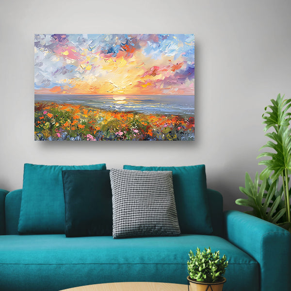 Abstracte zonsondergang met bloemen en oceaan poster