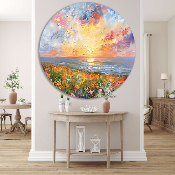 Abstracte zonsondergang met bloemen en oceaan aluminium muurcirkel