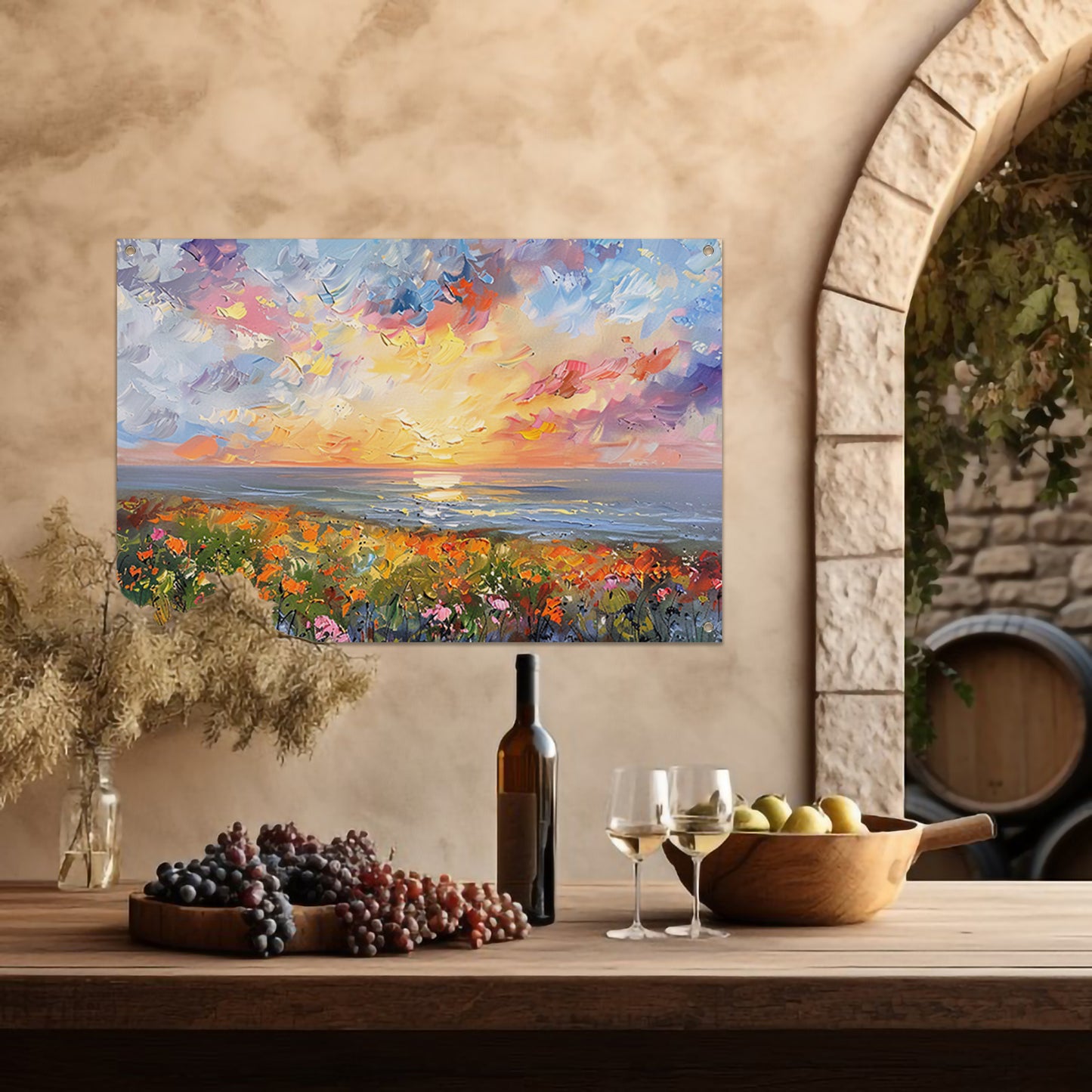 Abstracte zonsondergang met bloemen en oceaan tuinposter