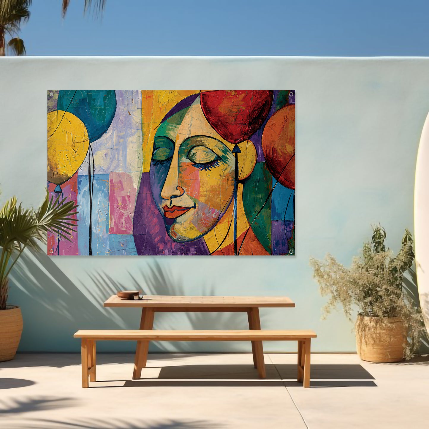 Abstract portret van vrouw met ballonnen tuinposter