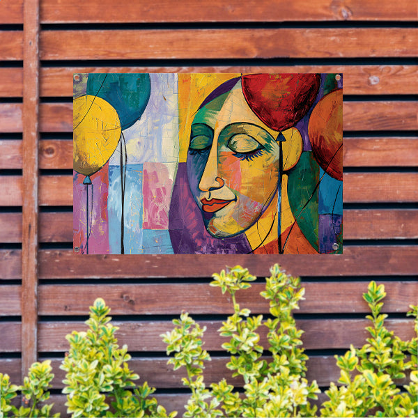 Abstract portret van vrouw met ballonnen tuinposter